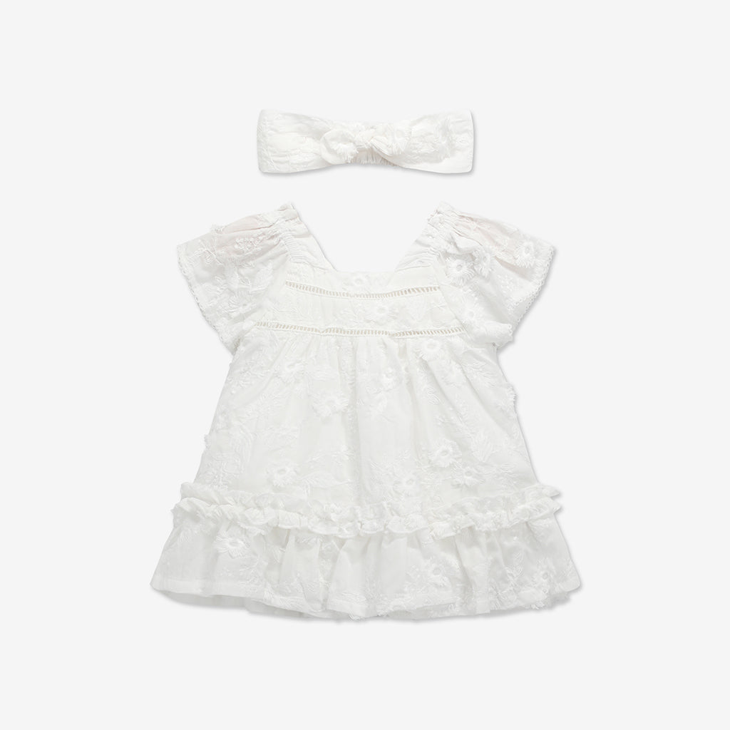 Embroidered Short Sleeve Dress & Bloomers Set + Headband H
