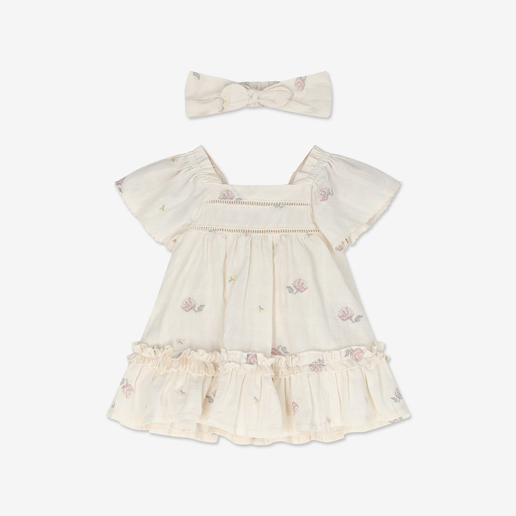 Embroidered Short Sleeve Dress & Bloomers Set + Headband H