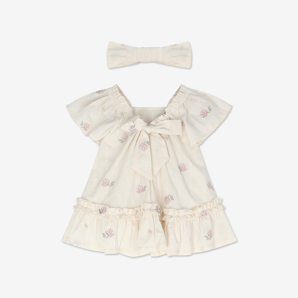 Embroidered Short Sleeve Dress & Bloomers Set + Headband H