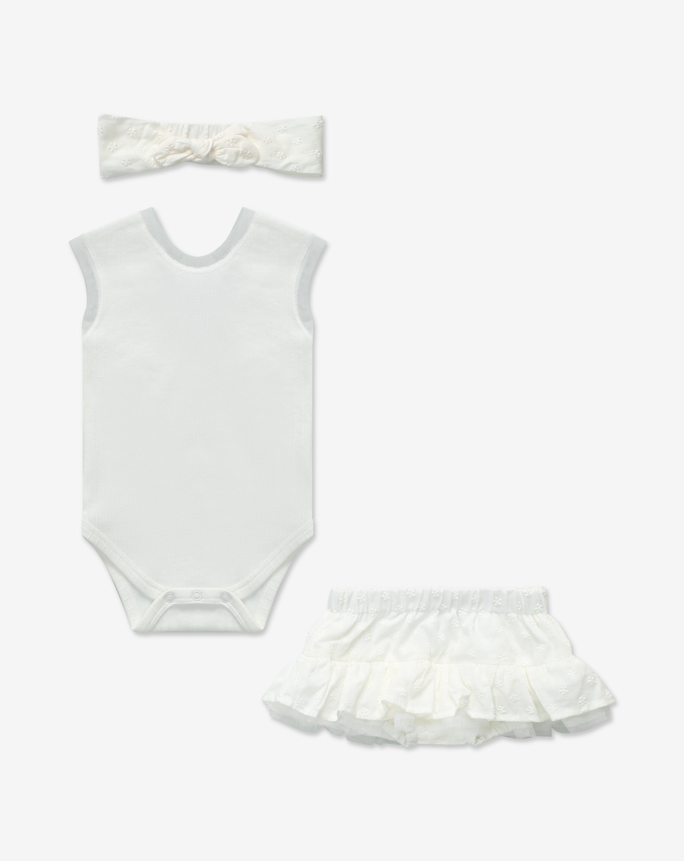 Ribbed Bodysuit & Embroidered Skrit Set + Headband H