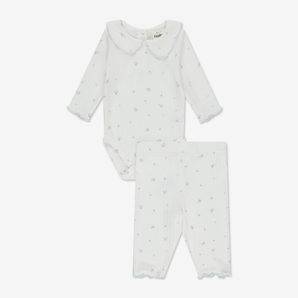 Pointelle Bodysuit with Collar & Pants Set RIB