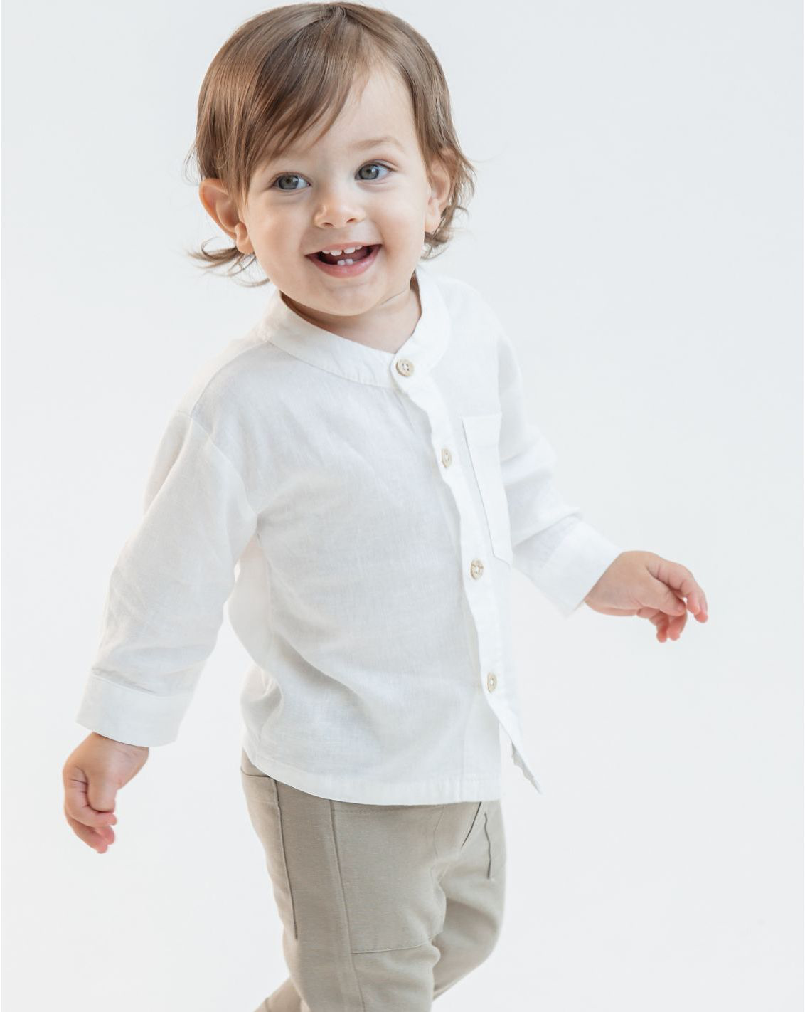 Buttoned Linen Shirt With Grandad Collar WB9